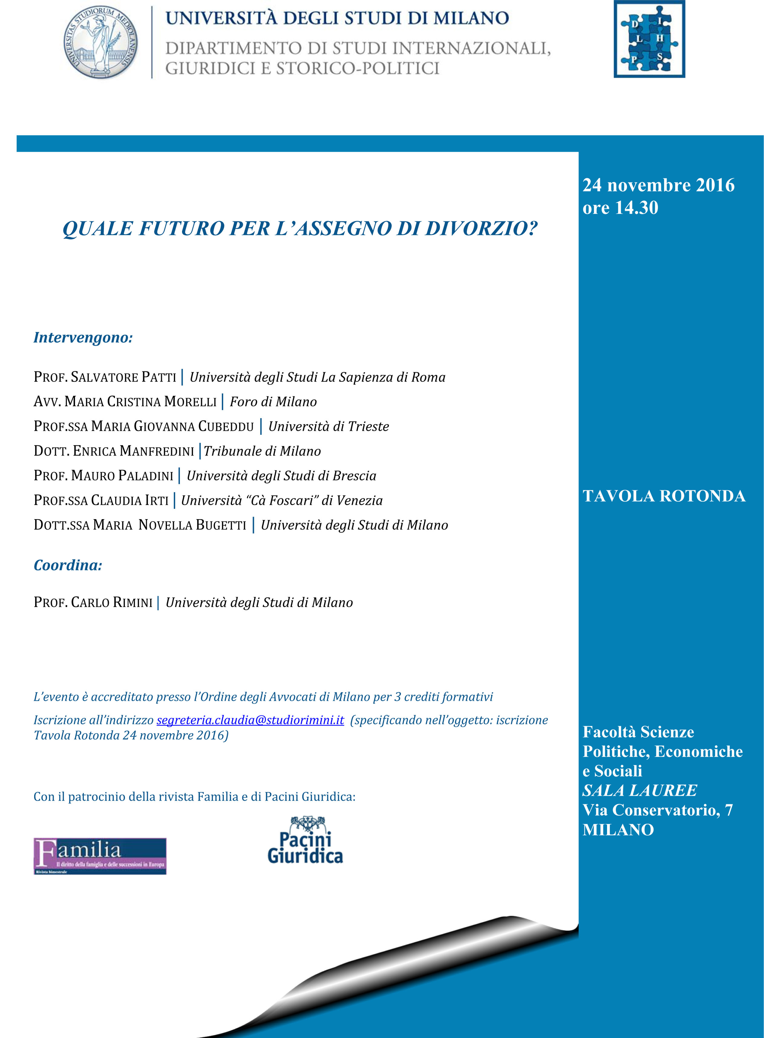 Quale futuro per l'assegno di divorzio? Milano, 24 novembre 2016