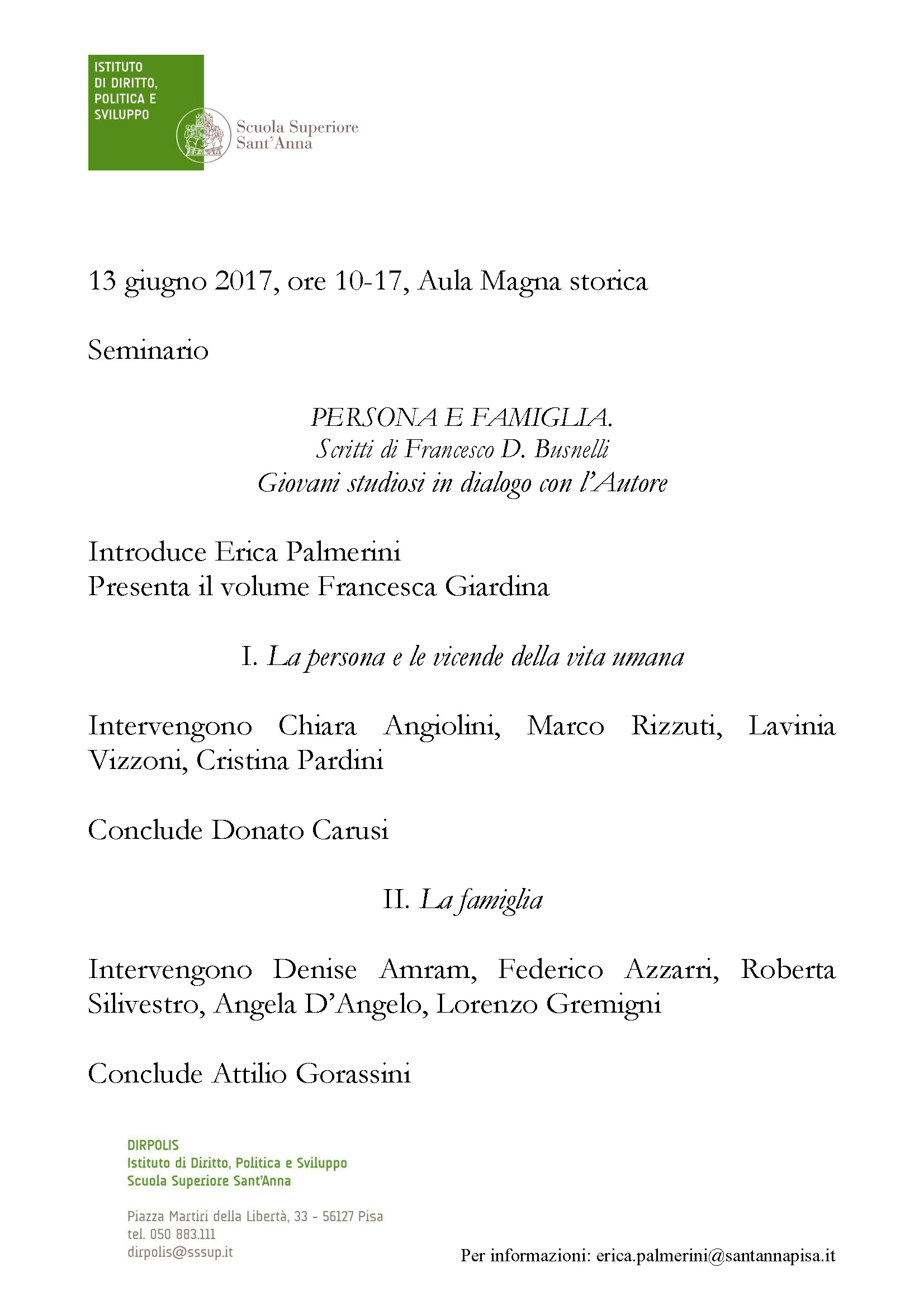 Persona e Famiglia. Seminario 13 giugno 2017